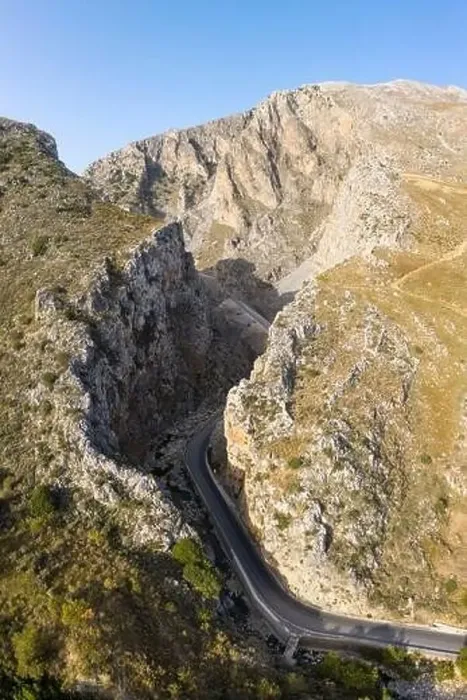 Framed Print : Aerial view of road leading into Kourtaliotiko Gorge, Crete, Greece Framed Print : Aerial view of road leading into Kourtaliotiko Gorge, Crete, Greece