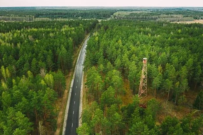 Framed Print : Aerial View Of Road Through Spring Forest Landscape. Top View Of Fire Lookout Tower Framed Print : Aerial View Of Road Through Spring Forest Landscape. Top View Of Fire Lookout Tower