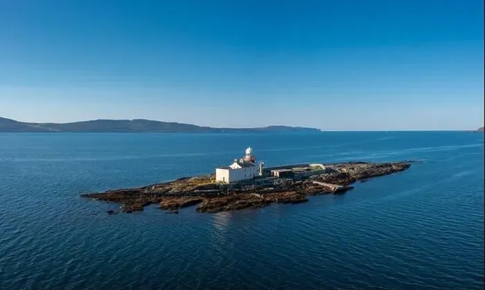 Framed Print : aerial view of the Roancarrigmore Island Lighthouse in Bantry Bay in County Cork