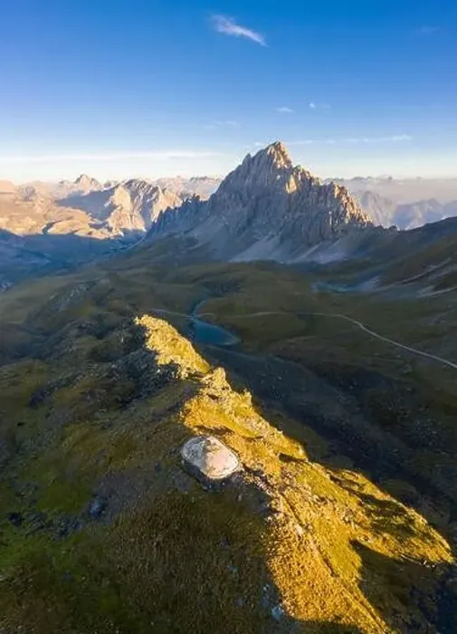 Framed Print : Aerial view of Rocca la Meja at sunrise with the abandoned bunker of the Alpine Wall Framed Print : Aerial view of Rocca la Meja at sunrise with the abandoned bunker of the Alpine Wall