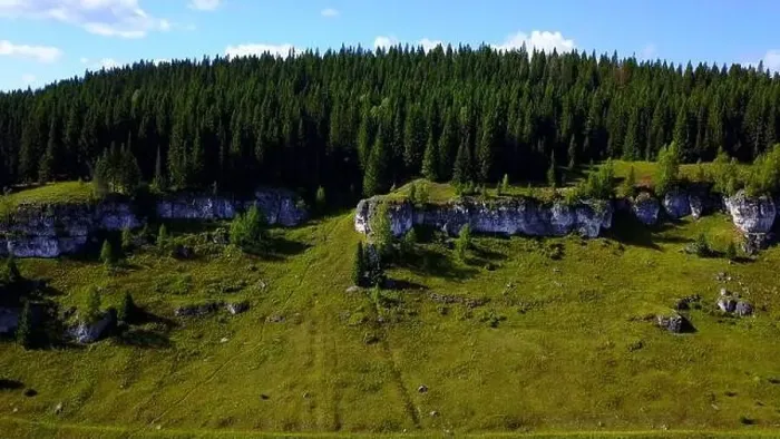 Framed Print : Aerial view of a rock cliff and pine trees. Clip. Flying above green meadows and stone formations Framed Print : Aerial view of a rock cliff and pine trees. Clip. Flying above green meadows and stone formations