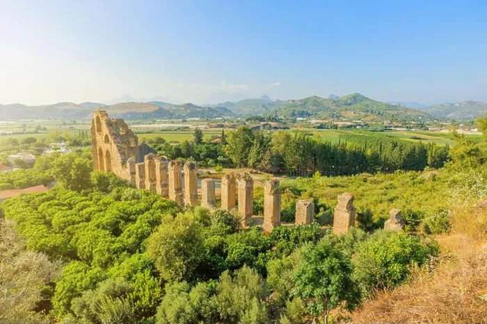 Framed Print : Aerial view of Roman aqueduct in Aspendos in Turkey Framed Print : Aerial view of Roman aqueduct in Aspendos in Turkey