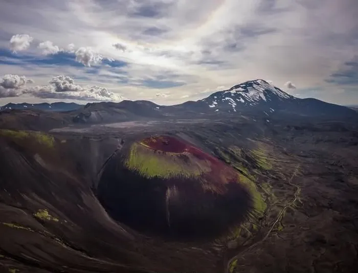 Framed Print : Aerial view of rough volcanic crater located in amazing highlands on cloudy day in Iceland Framed Print : Aerial view of rough volcanic crater located in amazing highlands on cloudy day in Iceland
