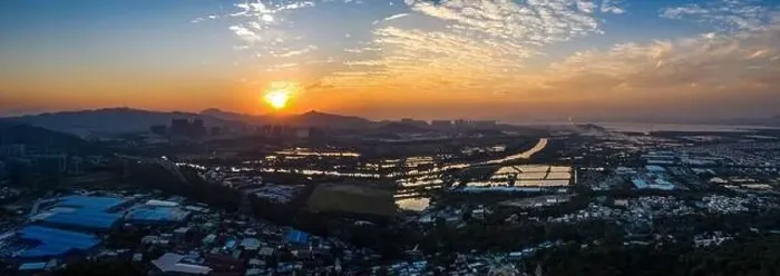 Framed Print : Aerial View of rural green fields in Hong Kong border and skylines in Shenzhen, China Framed Print : Aerial View of rural green fields in Hong Kong border and skylines in Shenzhen, China