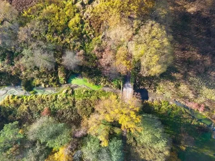 Framed Print : Aerial view of a rural road with in yellow and orange autumn forest Framed Print : Aerial view of a rural road with in yellow and orange autumn forest