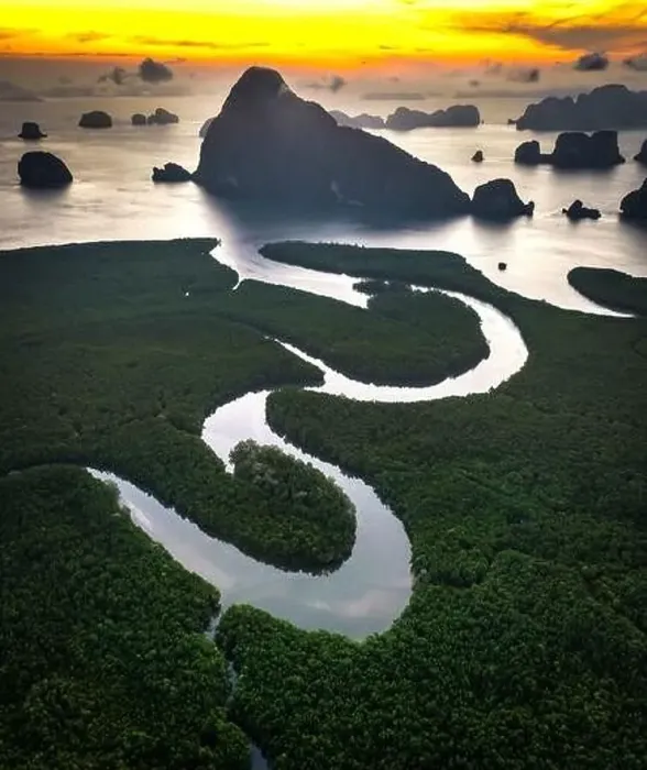 Framed Print : Aerial view of Samet Nangshe Viewpoint at sunset during rainy season, Phang Nga, Thailand Framed Print : Aerial view of Samet Nangshe Viewpoint at sunset during rainy season, Phang Nga, Thailand