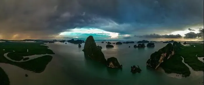 Framed Print : Aerial view of Samet Nangshe Viewpoint at sunset during rainy season, Phang Nga, Thailand