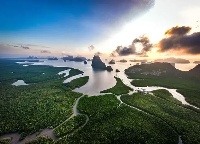 Framed Print : Aerial view of Samet Nangshe Viewpoint at sunset during rainy season, Phang Nga, Thailand Framed Print : Aerial view of Samet Nangshe Viewpoint at sunset during rainy season, Phang Nga, Thailand