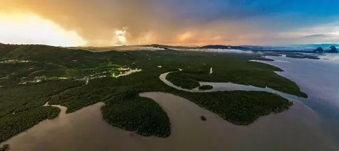 Framed Print : Aerial view of Samet Nangshe Viewpoint at sunset during rainy season, Phang Nga, Thailand