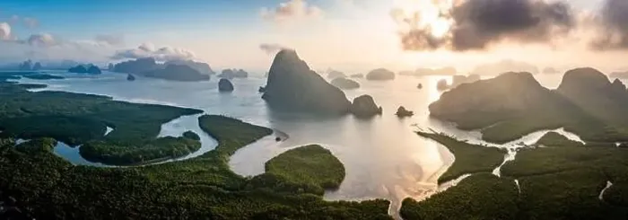 Framed Print : Aerial view of Samet Nangshe Viewpoint at sunset during rainy season, Phang Nga, Thailand