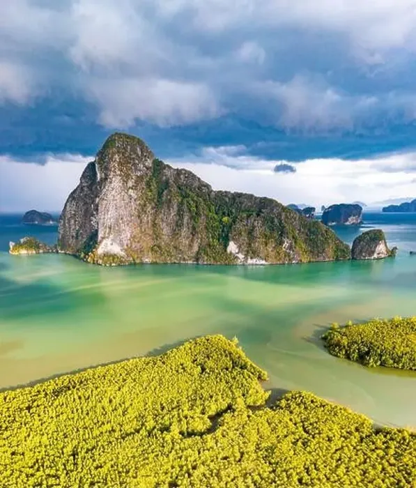 Framed Print : Aerial view of Samet Nangshe Viewpoint at sunset during rainy season, Phang Nga, Thailand Framed Print : Aerial view of Samet Nangshe Viewpoint at sunset during rainy season, Phang Nga, Thailand