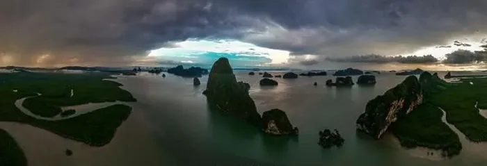 Framed Print : Aerial view of Samet Nangshe Viewpoint at sunset during rainy season, Phang Nga, Thailand Framed Print : Aerial view of Samet Nangshe Viewpoint at sunset during rainy season, Phang Nga, Thailand