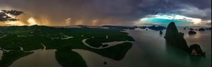 Framed Print : Aerial view of Samet Nangshe Viewpoint at sunset during rainy season, Phang Nga, Thailand Framed Print : Aerial view of Samet Nangshe Viewpoint at sunset during rainy season, Phang Nga, Thailand