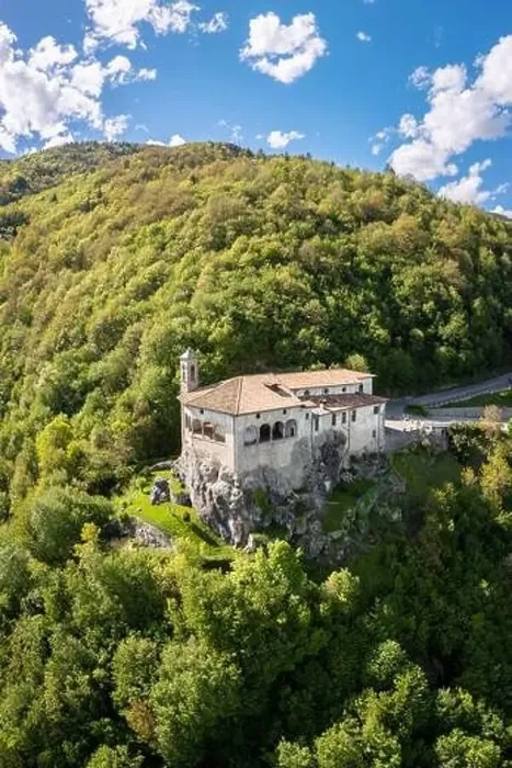 Framed Print : Aerial view of the San Patrizio sanctuary on a hill overlooking Casnigo and Valle Seriana Framed Print : Aerial view of the San Patrizio sanctuary on a hill overlooking Casnigo and Valle Seriana