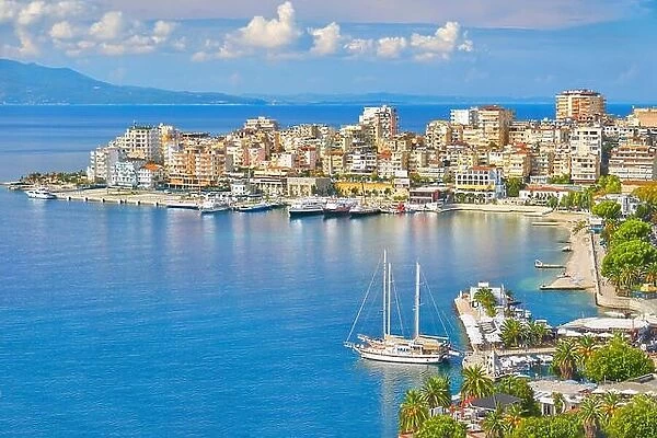 Aerial view of Saranda port and marina, Albania