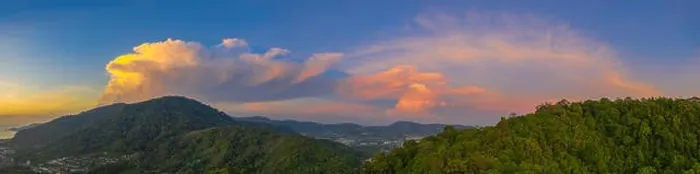 Framed Print : aerial view scenery sunset red cloud in blue sky above Patong mountain Framed Print : aerial view scenery sunset red cloud in blue sky above Patong mountain