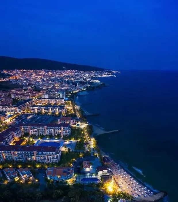 Framed Print : Aerial view to sea resort Sveti Vlas evening Framed Print : Aerial view to sea resort Sveti Vlas evening