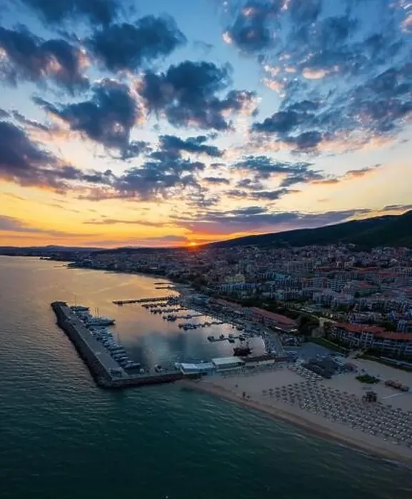 Framed Print : Aerial view to sea resort Sveti Vlas at sunset Framed Print : Aerial view to sea resort Sveti Vlas at sunset
