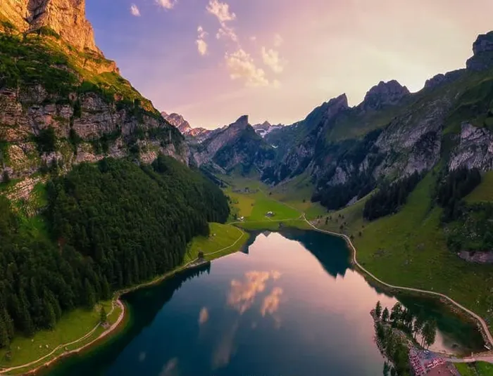 Framed Print : Aerial view of the Seealpsee lake in the Swiss Alps at sunset Framed Print : Aerial view of the Seealpsee lake in the Swiss Alps at sunset