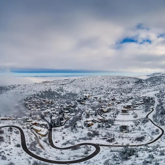 Framed Print : Aerial View of Seli Traditional Greek Village Covered by Snow in Winter Morning Framed Print : Aerial View of Seli Traditional Greek Village Covered by Snow in Winter Morning