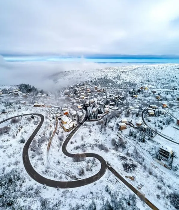 Framed Print : Aerial View of Seli Traditional Greek Village Covered by Snow in Winter Morning Framed Print : Aerial View of Seli Traditional Greek Village Covered by Snow in Winter Morning