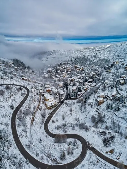 Framed Print : Aerial View of Seli Traditional Greek Village Covered by Snow in Winter Morning Framed Print : Aerial View of Seli Traditional Greek Village Covered by Snow in Winter Morning