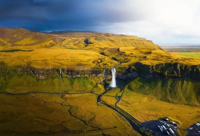 Framed Print : Aerial view of Seljalandsfoss Waterfall in Iceland at sunset Framed Print : Aerial view of Seljalandsfoss Waterfall in Iceland at sunset