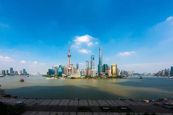 Aerial view of Shanghai, China city skyline with Huangpu River