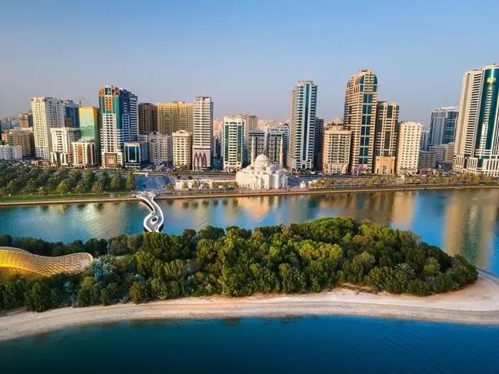Framed Print : Aerial view of Sharjah Emirate of the United Arab Emirates above Al Noor island and mosque Framed Print : Aerial view of Sharjah Emirate of the United Arab Emirates above Al Noor island and mosque