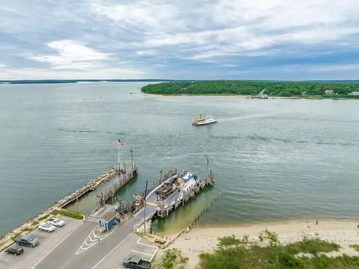 Framed Print : Aerial view of the Shelter Island South Ferry Framed Print : Aerial view of the Shelter Island South Ferry