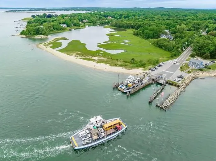 Framed Print : Aerial view of the Shelter Island South Ferry Framed Print : Aerial view of the Shelter Island South Ferry