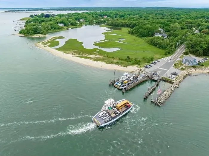 Framed Print : Aerial view of the Shelter Island South Ferry Framed Print : Aerial view of the Shelter Island South Ferry