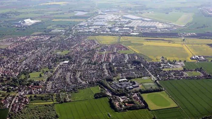 Framed Print : aerial view of Sherburn in Elmet town and the Industrial Estate & Airfield in the background Framed Print : aerial view of Sherburn in Elmet town and the Industrial Estate & Airfield in the background