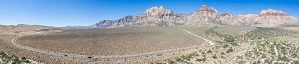 An aerial view shows a beautiful mountain landscape that rises from the desert surrounding Las Vegas, Nevada. This desert area is extremely warm
