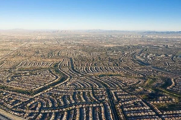 An aerial view shows dense housing developments in Summerlin, just outside the city of Las Vegas, Nevada. This area is quickly being developed