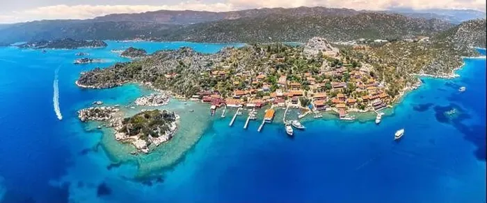 Framed Print : Aerial view of Simena castle and fishing and tourist village Kaleucagiz and Kekova sunken city Framed Print : Aerial view of Simena castle and fishing and tourist village Kaleucagiz and Kekova sunken city