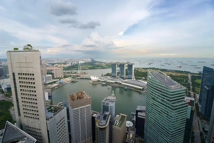 Framed Print : Aerial view of Singapore business district and city at day in Singapore, Asia Framed Print : Aerial view of Singapore business district and city at day in Singapore, Asia