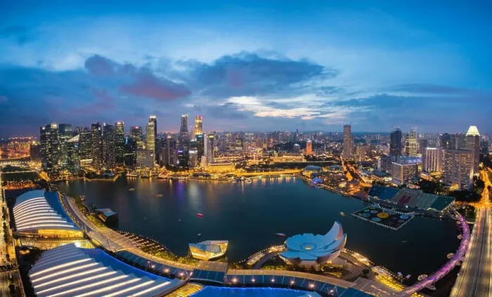 Framed Print : Aerial view of Singapore business district and city at night in Singapore, Asia Framed Print : Aerial view of Singapore business district and city at night in Singapore, Asia