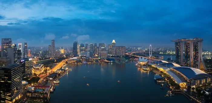 Framed Print : Aerial view of Singapore business district and city at night in Singapore, Asia Framed Print : Aerial view of Singapore business district and city at night in Singapore, Asia