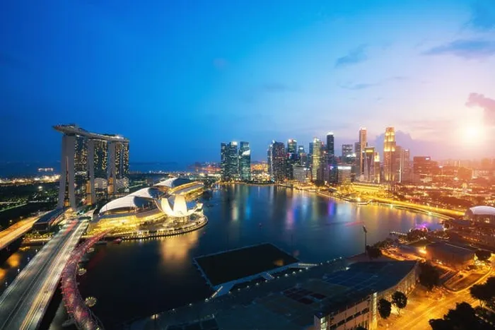 Framed Print : Aerial view of Singapore business district and city at night in Singapore, Asia Framed Print : Aerial view of Singapore business district and city at night in Singapore, Asia