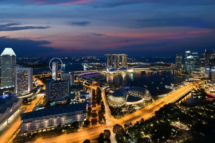 Framed Print : Aerial view of Singapore business district and city at night in Singapore, Asia