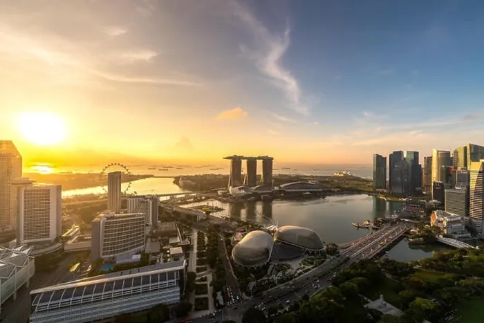 Framed Print : Aerial view of Singapore business district and city during sunrise in Singapore, Asia Framed Print : Aerial view of Singapore business district and city during sunrise in Singapore, Asia