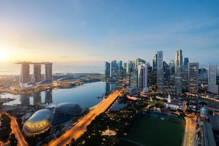 Framed Print : Aerial view of Singapore business district and city at twilight in Singapore, Asia Framed Print : Aerial view of Singapore business district and city at twilight in Singapore, Asia
