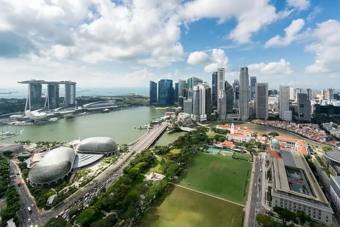 Framed Print : Aerial view of Singapore business district and city at twilight in Singapore, Asia Framed Print : Aerial view of Singapore business district and city at twilight in Singapore, Asia