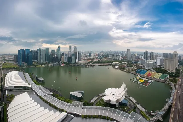 Framed Print : Aerial view of Singapore business district and city at twilight in Singapore, Asia