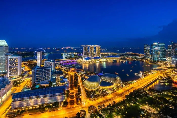 Framed Print : Aerial view of Singapore business district and city at twilight in Singapore, Asia Framed Print : Aerial view of Singapore business district and city at twilight in Singapore, Asia