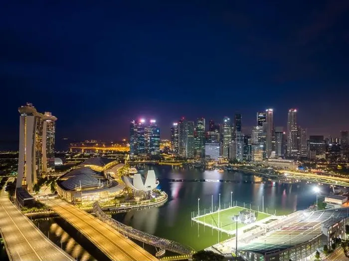 Framed Print : Aerial view of Singapore business district and city at twilight in Singapore, Asia