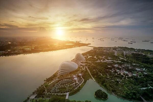 Aerial view of Singapore Gardens near Marina Bay in Singapore in morning