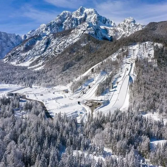 Framed Print : Aerial view of Ski Jump in Planica, Slovenia at Ratece near Kranjska gora in winter with snow