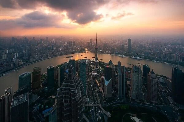 Aerial view of the skyscrapers of Pudong and huangpu River. Shanghai, China